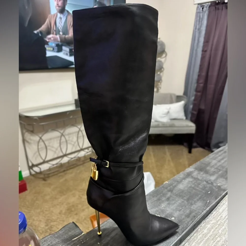 Padlock Pointed Toe Knee High Boot (Women) - Picture 3 of 12